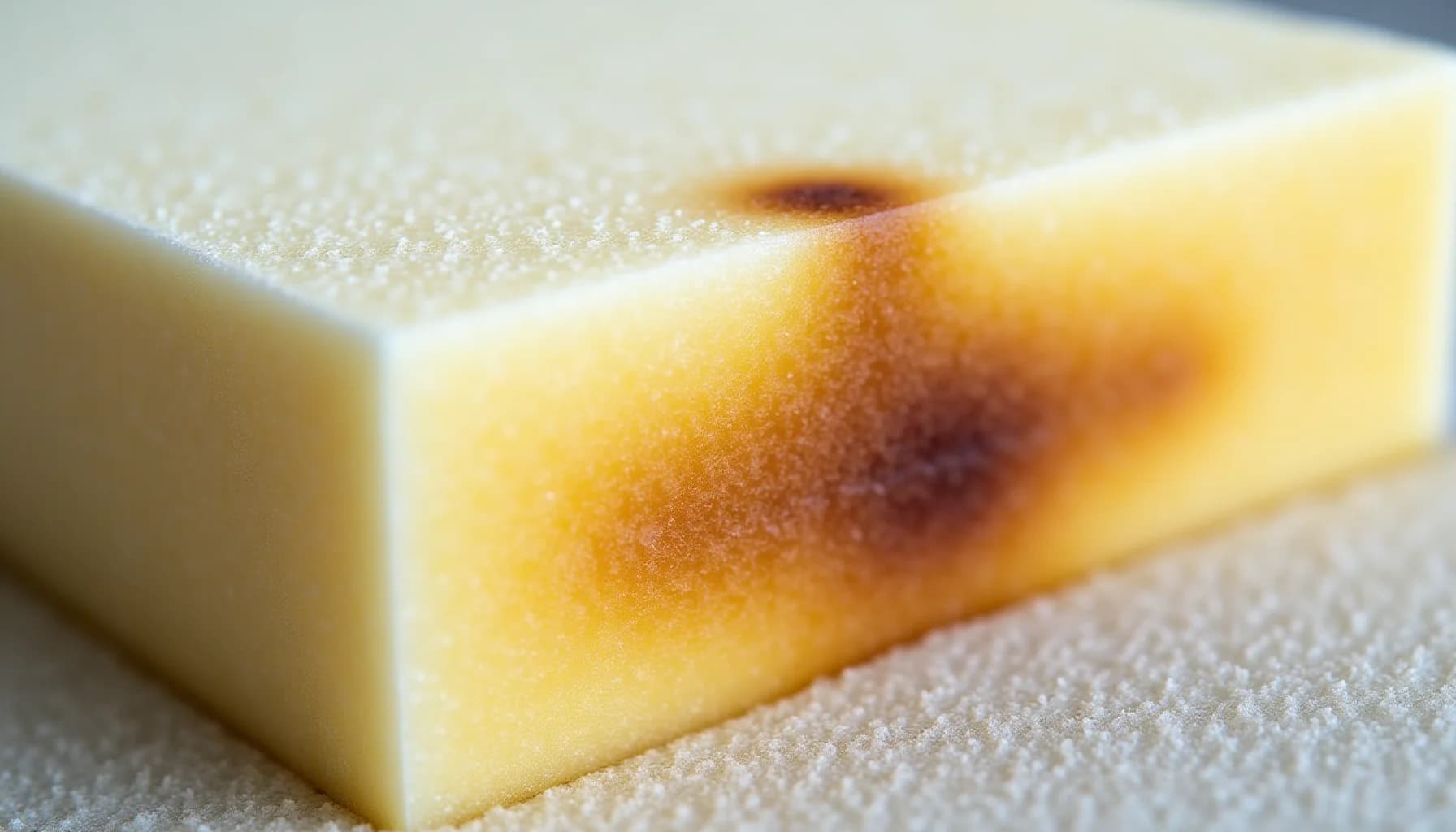a cream-colored cake or custard dessert with a caramelized brown top on a beige surface