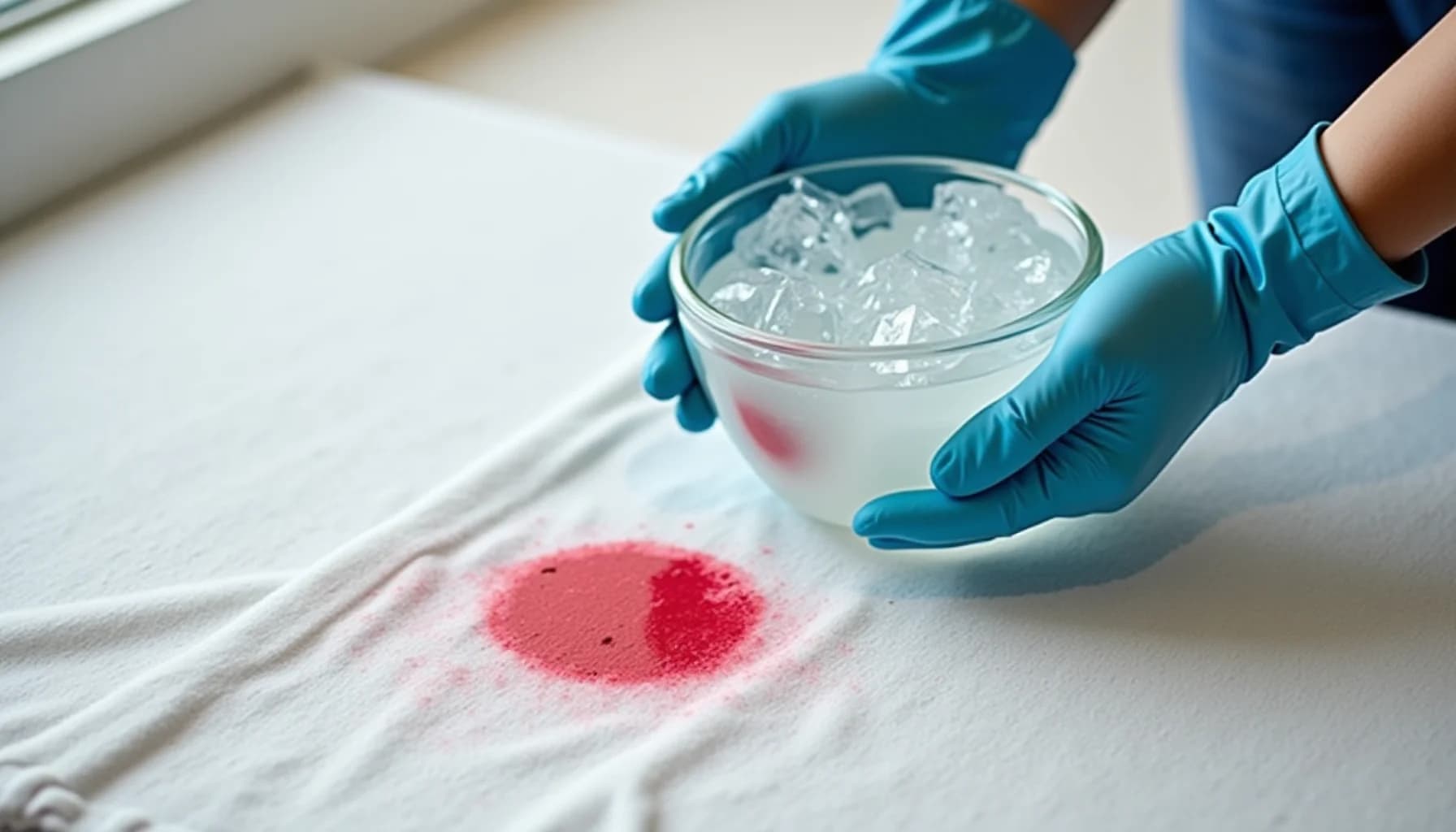 Gloved hand holding clear glass with ice water above red stain on white fabric surface
