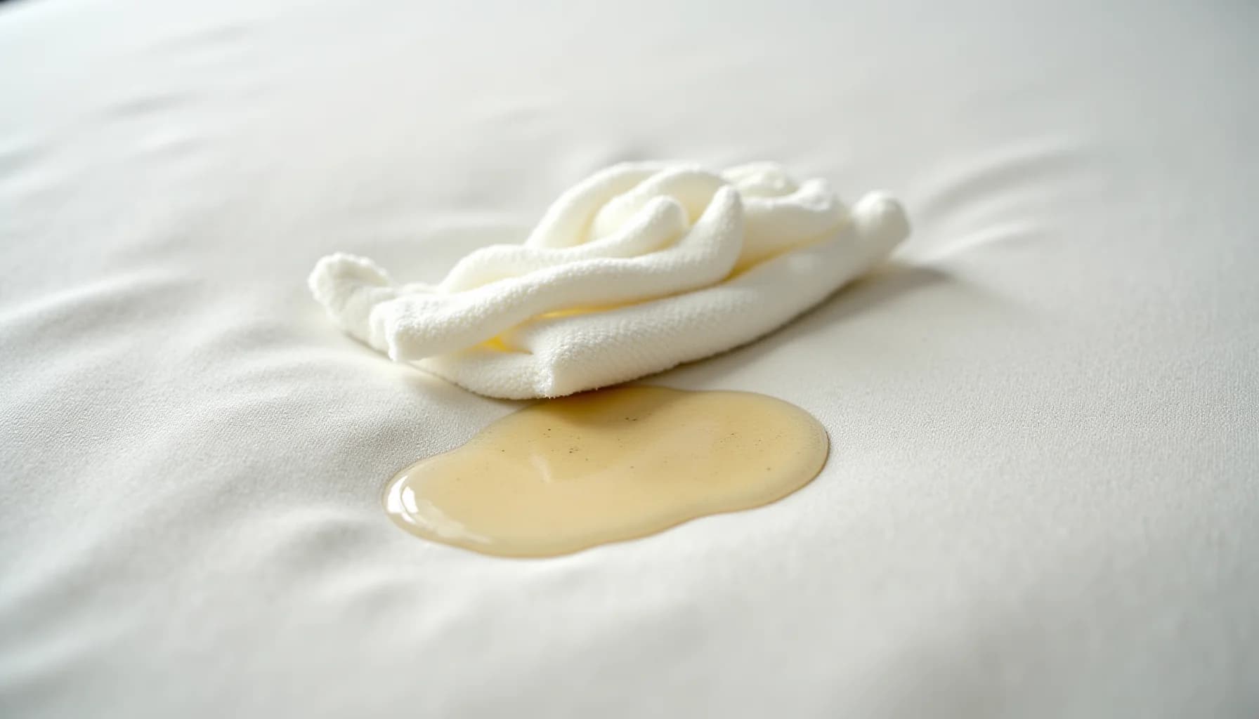 White textured fabric with a pale yellow liquid stain and a twisted white cream product sample beside it