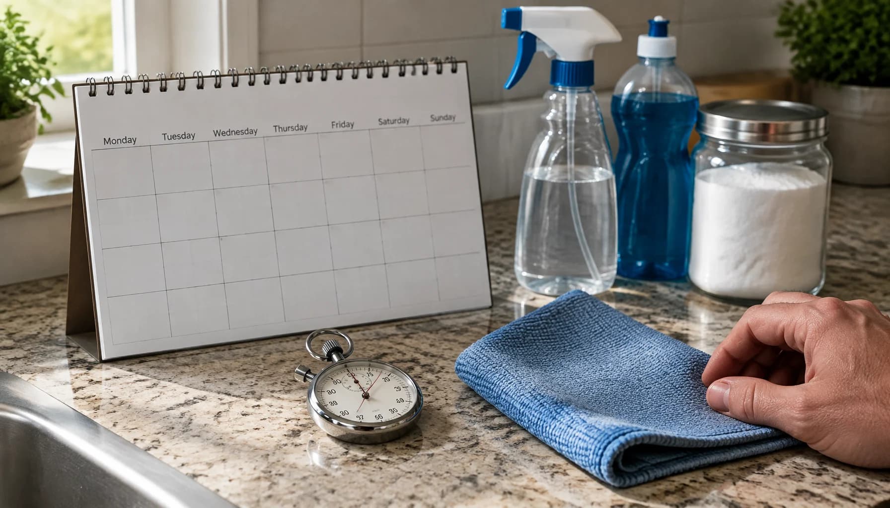 A wall calendar showing a weekly cleaning schedule sits beside a stopwatch and folded microfiber cloth