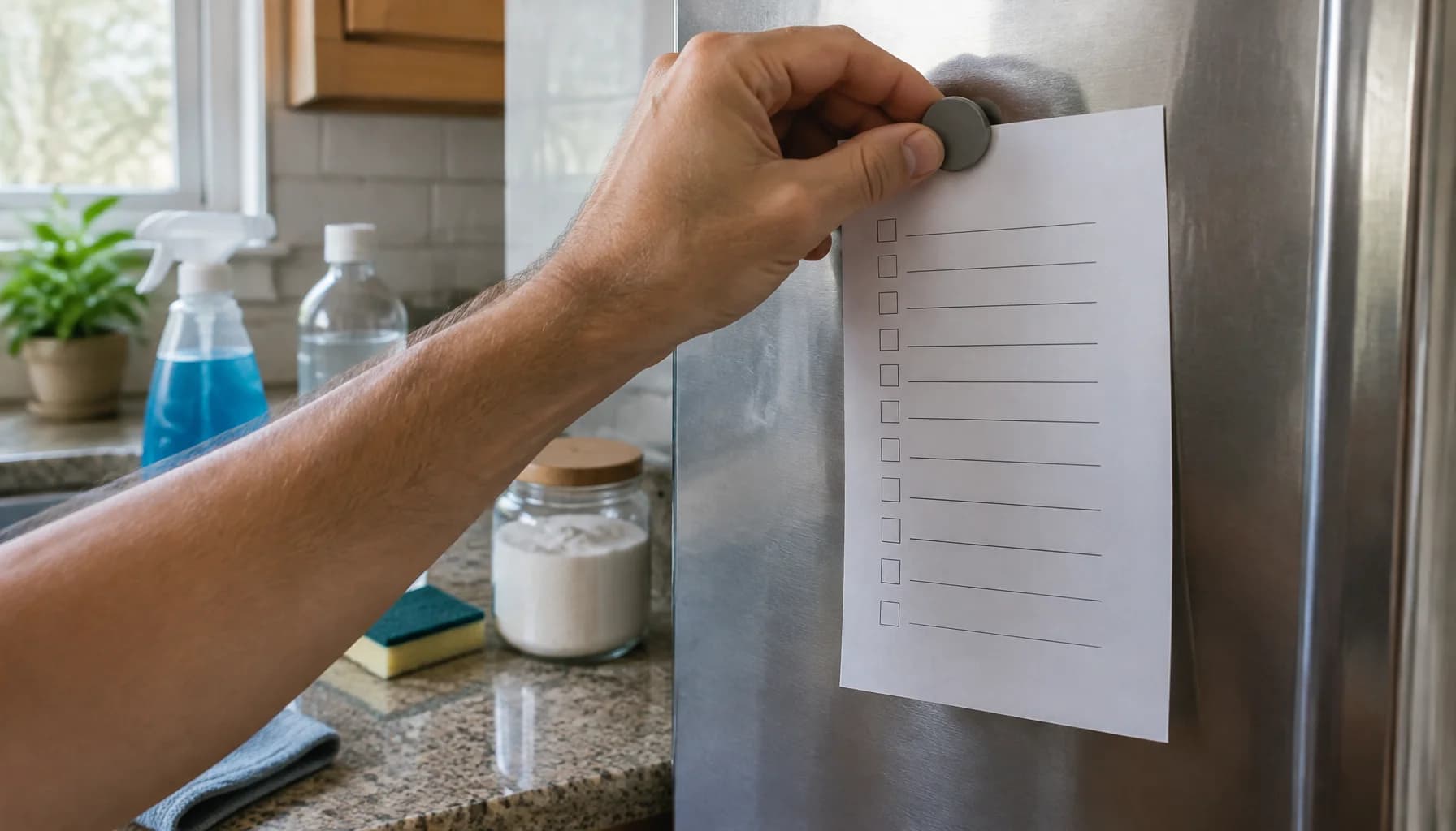 A man's hand pins a handwritten room-by-room cleaning schedule to a refrigerator door