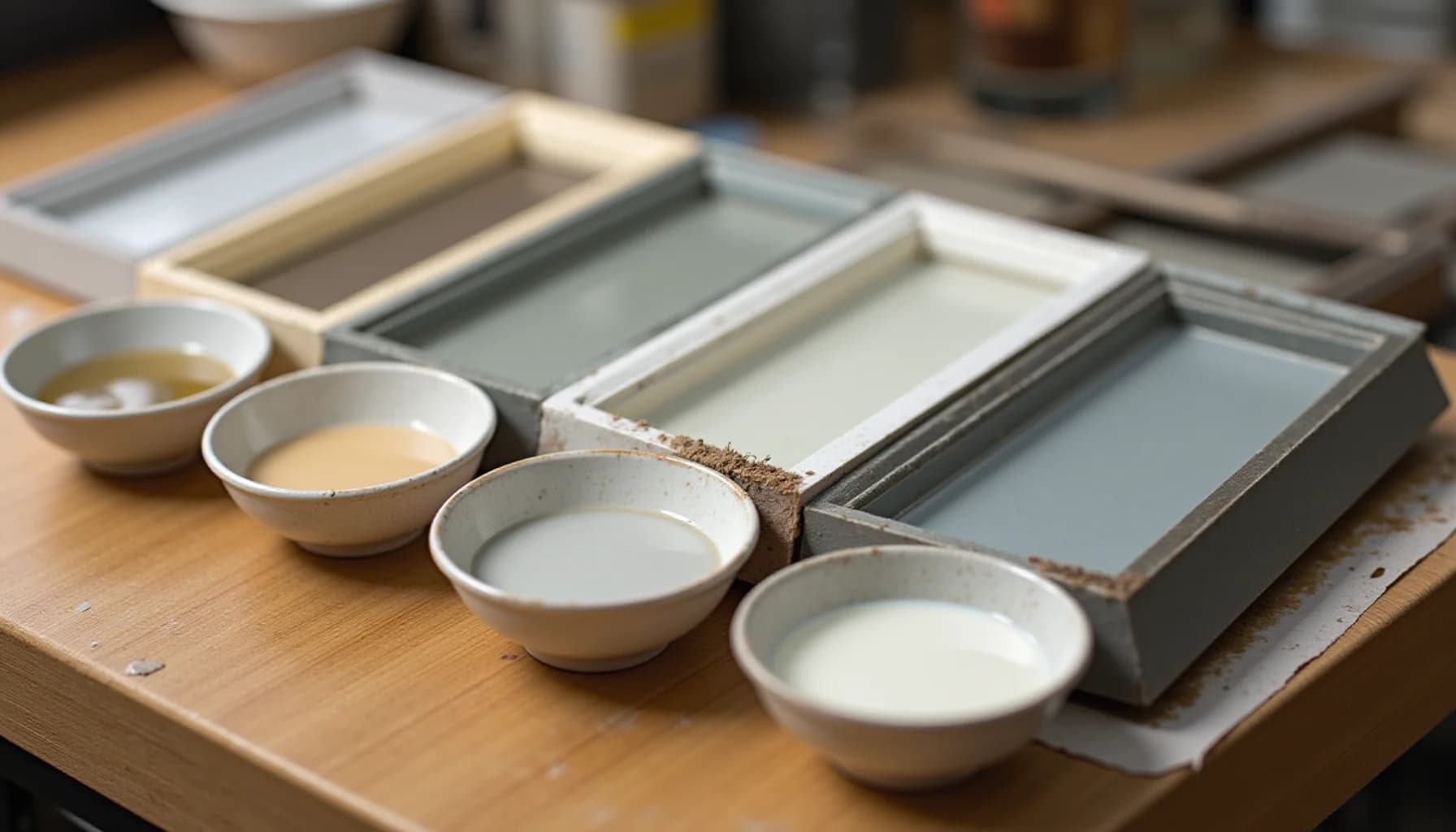 Wooden workbench with four white ceramic bowls containing liquids, paint color swatches in wooden and metal frames, and