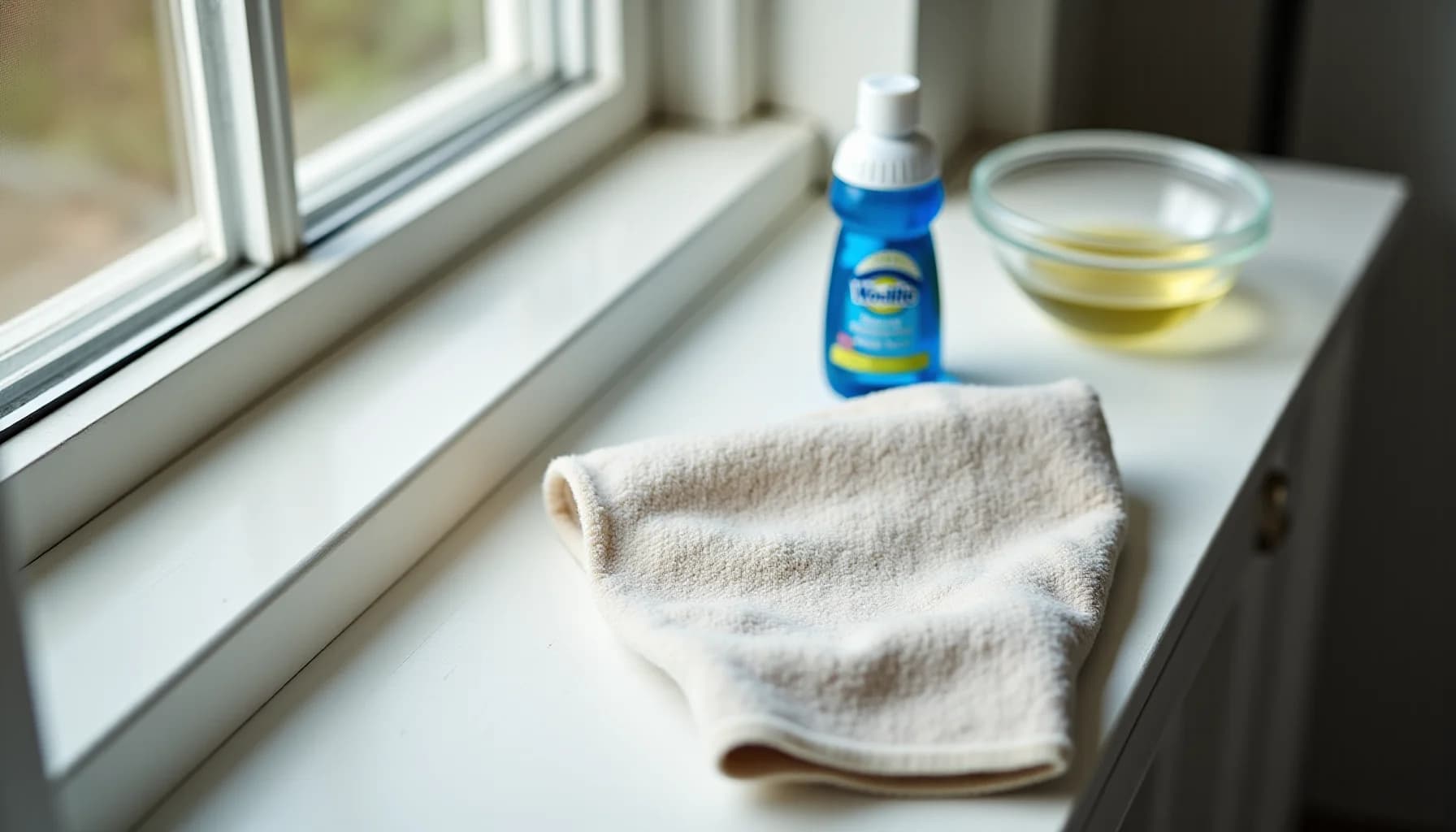 Cleaning supplies on a white windowsill: folded beige cloth, blue dish soap bottle, glass bowl with clear liquid, and