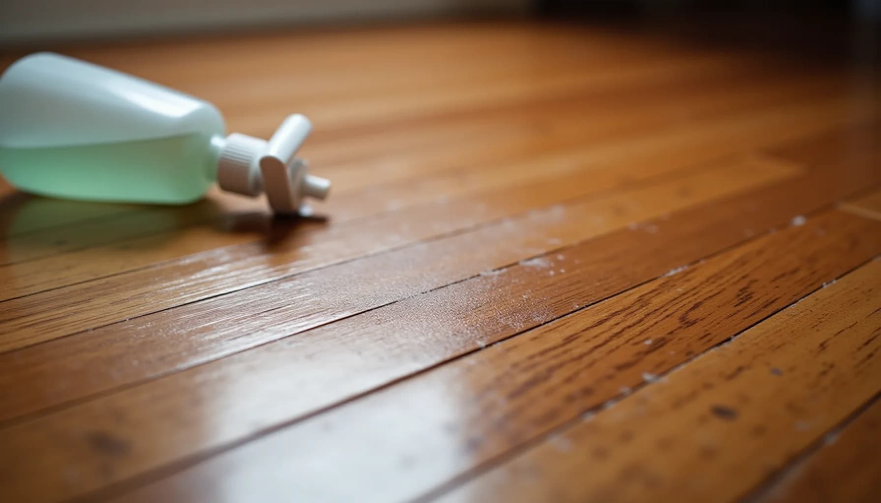 A green cleaning bottle with white pump dispenser and wet cleaning solution on a wooden floor with natural grain and