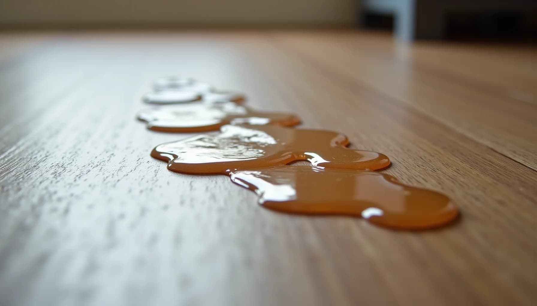 Brown liquid spills on a light wooden floor in a shallow depth-of-field view