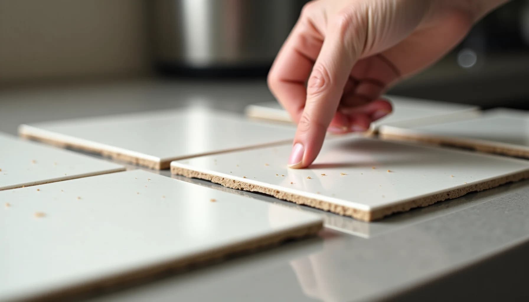 A person's hand pointing to a light-colored ceramic tile sample among several other tiles on a dark surface