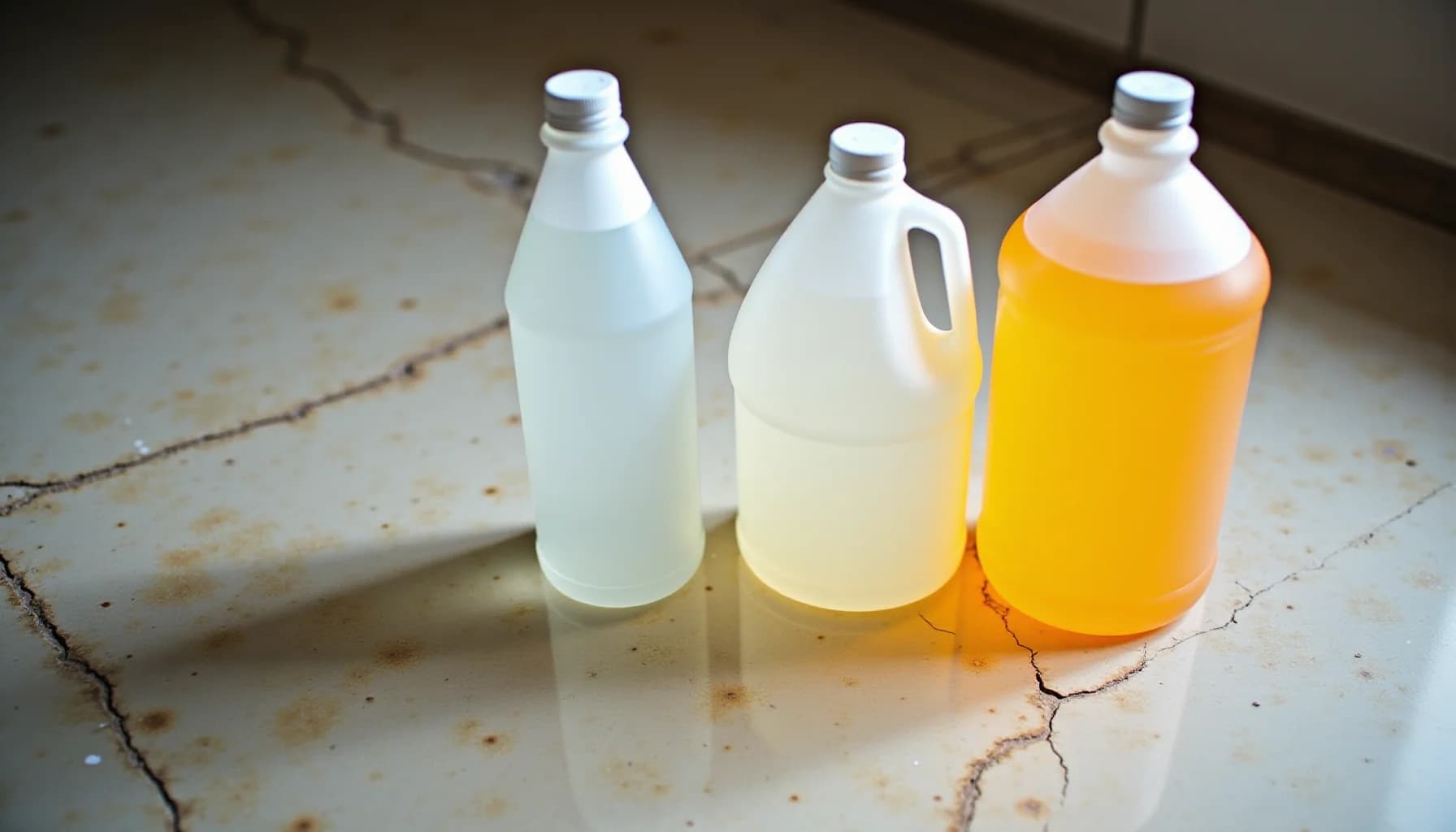 Three plastic bottles with white caps containing clear, pale, and yellow cleaning solutions arranged on a cracked tile