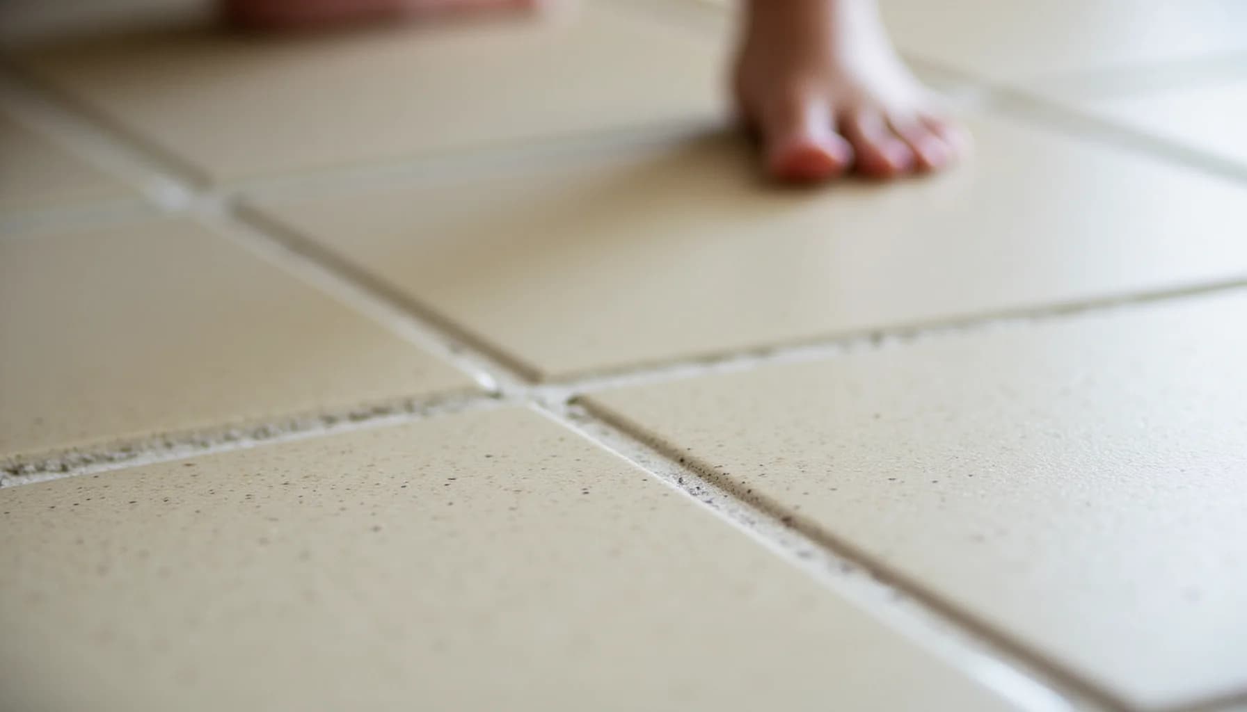 beige tile flooring with white grout lines and a bare foot on the surface