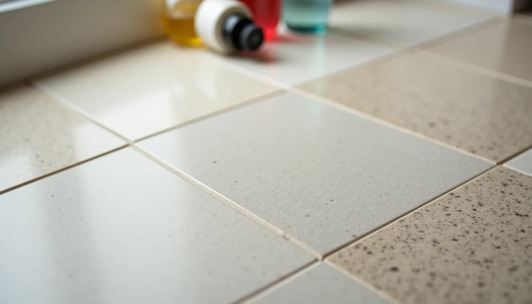 Ceramic and stone tile samples arranged on a surface with cleaning bottles and supplies blurred in the background
