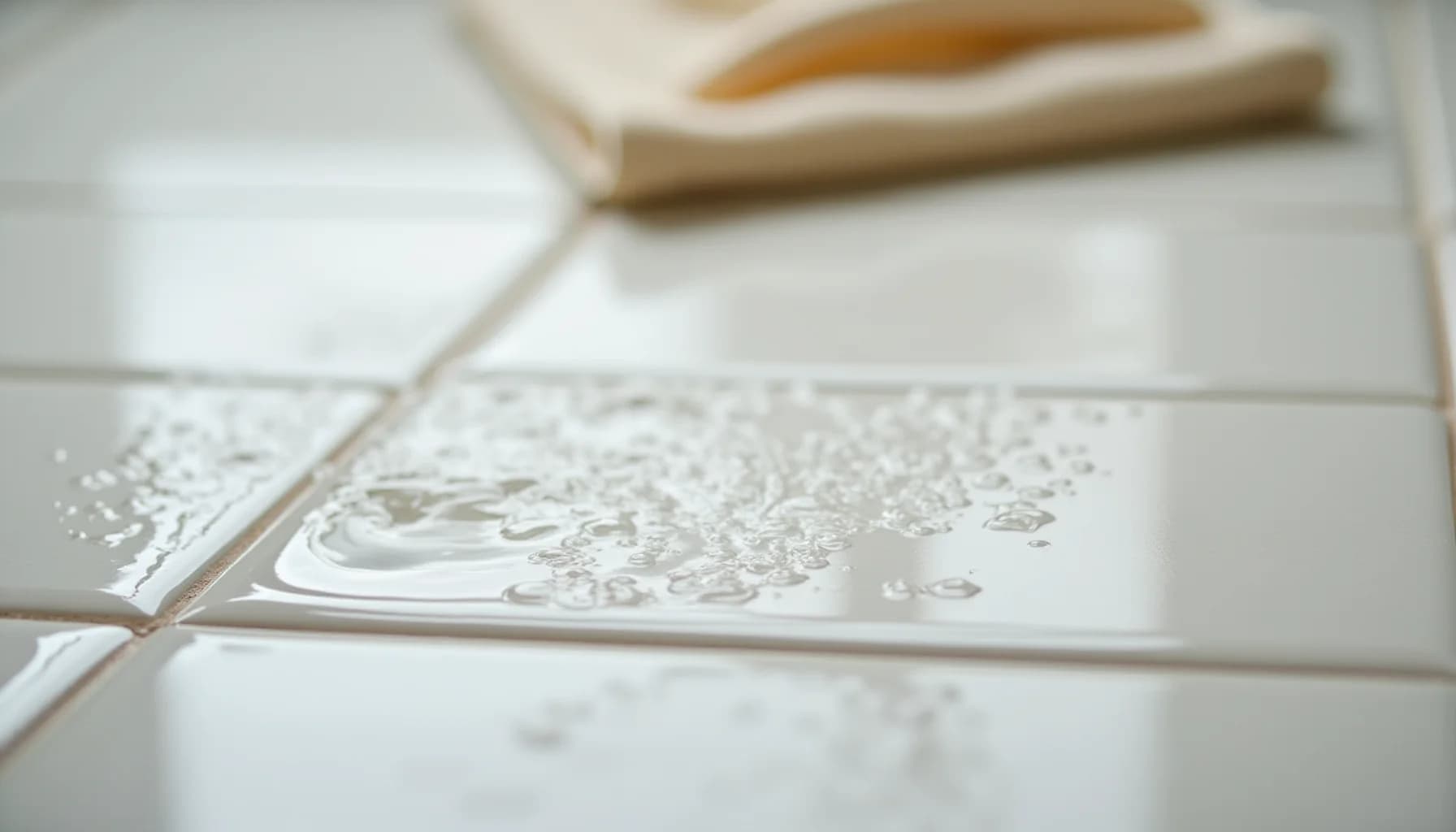 Water droplets on white tile surface with wooden brush and cleaning supplies in soft focus background