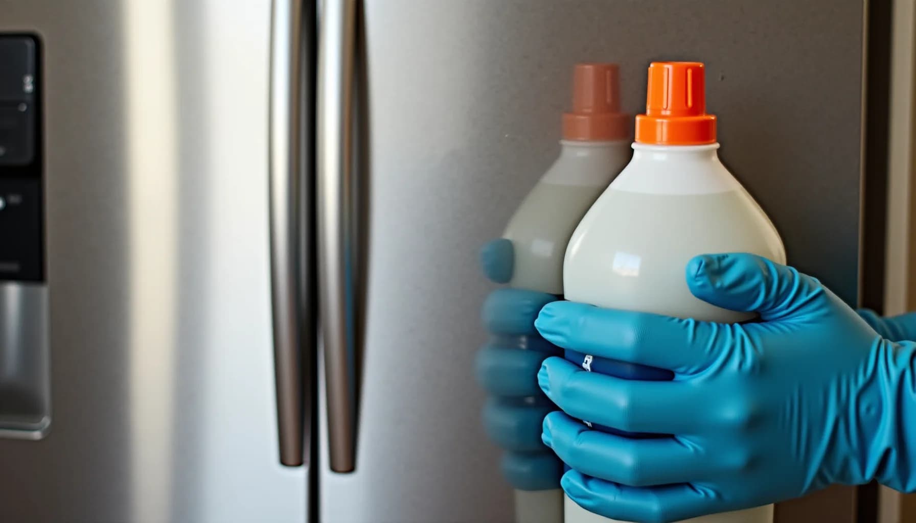 Hand in blue gloves holding white cleaning bottle with orange cap; second bottle blurred in background; stainless steel