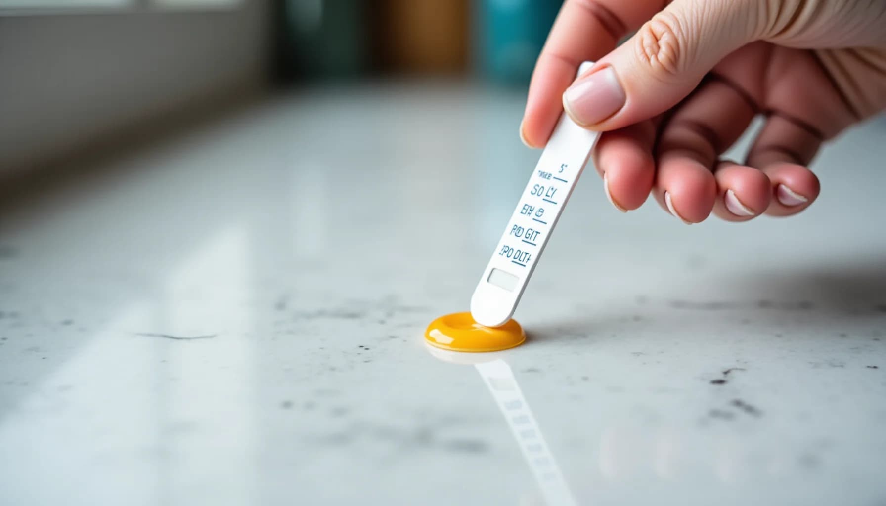 Hand holding a white pH testing strip with blue text against a light gray speckled stone surface, yellow indicator dot