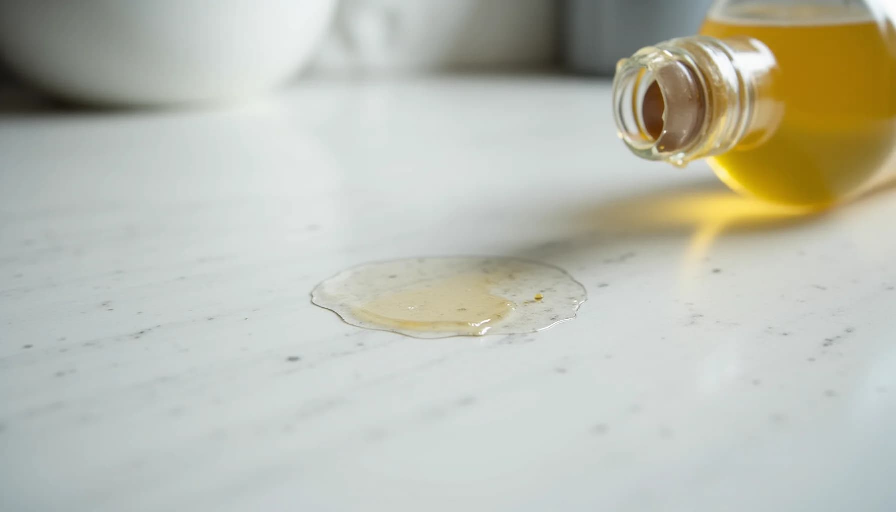 Glass bottle with yellow liquid tilted on marble surface with spilled liquid pooling below