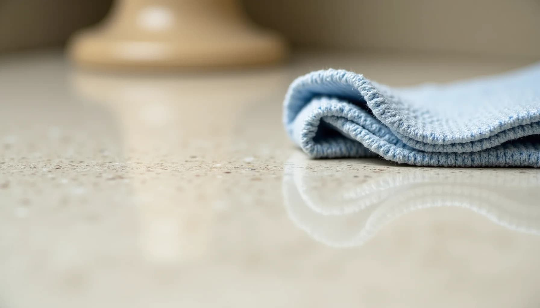 Light blue folded towel on beige stone surface with blurred metallic vessel in background