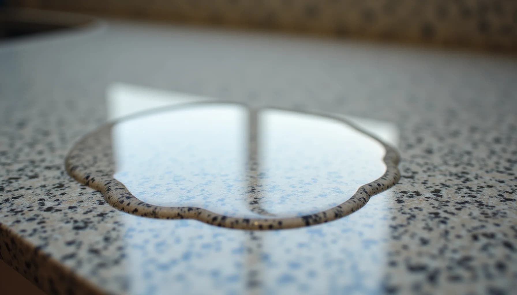 A pair of eyeglasses with clear lenses and brown-toned frames resting on a speckled gray and white stone surface