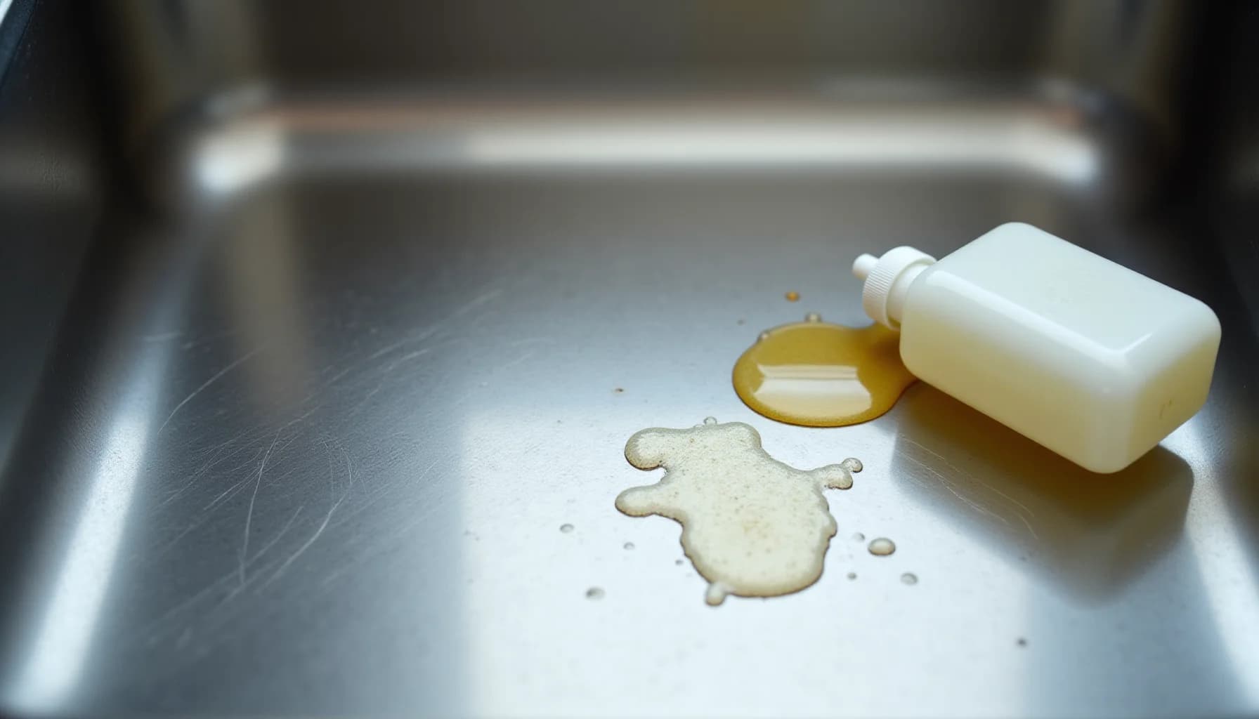 White soap dispenser and golden liquid droplet on brushed stainless steel surface with soap residue