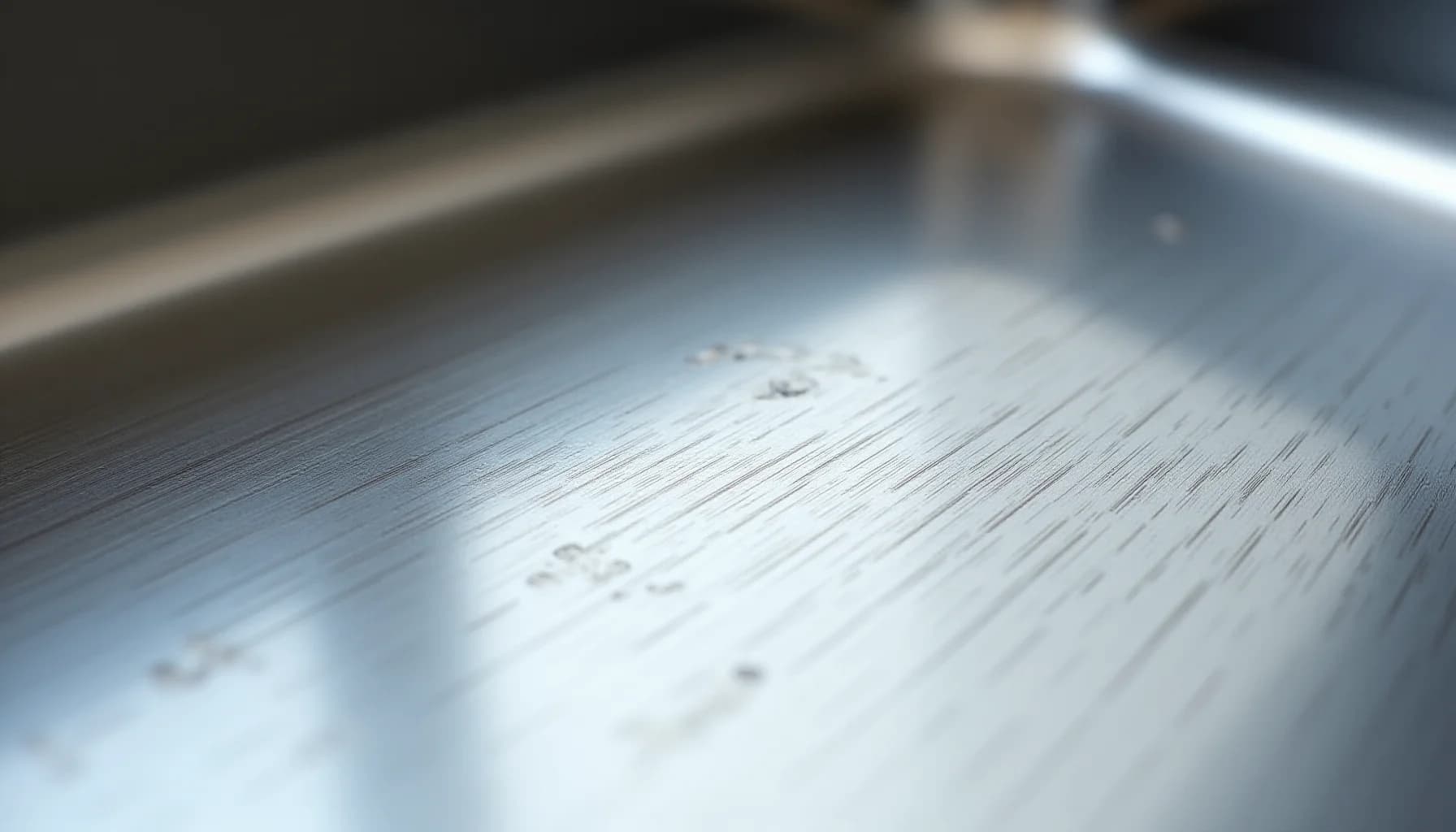 brushed stainless steel surface with water streaks and droplets, showing metallic texture and reflections