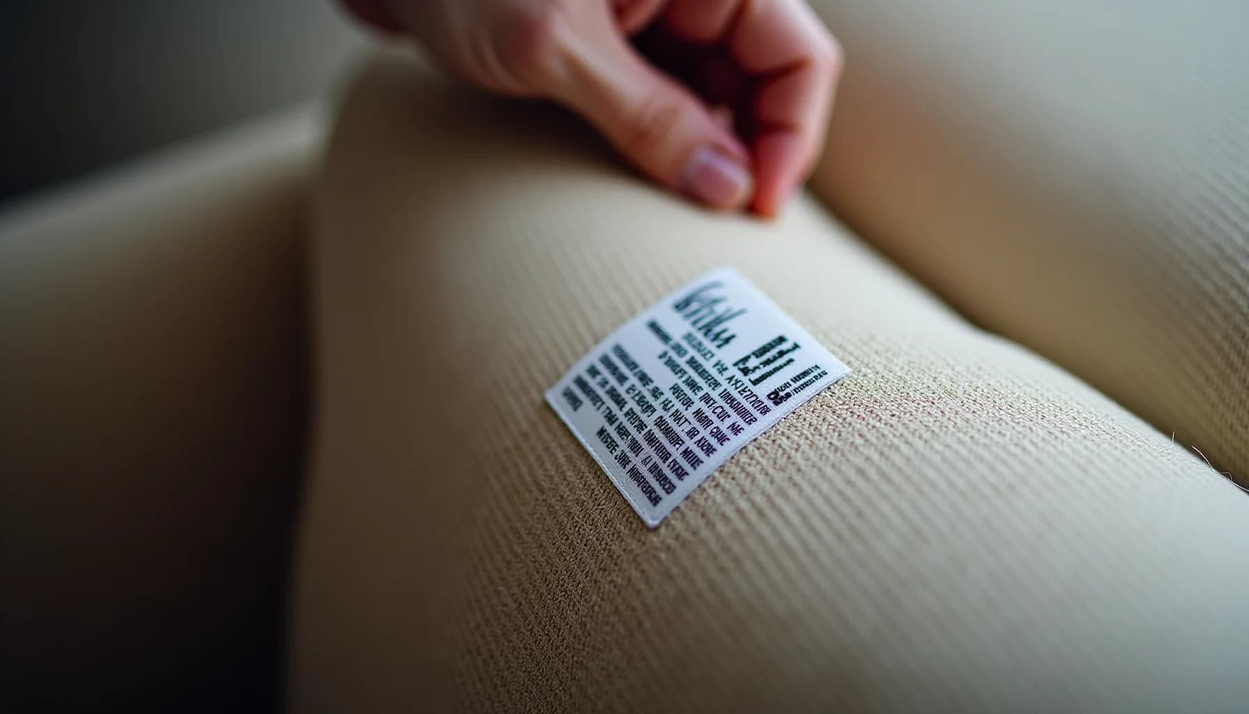 Hand pressing a white care label with blue text onto beige textured fabric