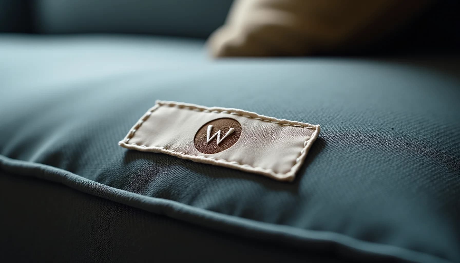 Cream-colored fabric label with stitched edges and brown circle emblem bearing a W logo, sewn onto blue textured fabric