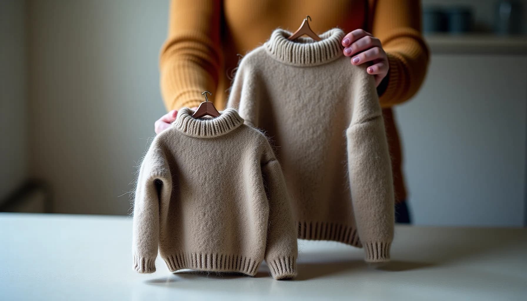 Person in mustard-yellow sweater holding two cream-colored knit turtleneck sweaters on wooden hangers