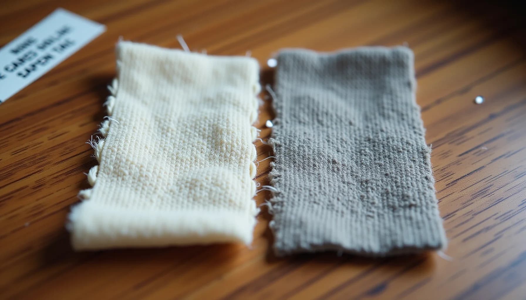 Two fabric swatches in cream and gray colors displayed on a wooden surface next to a product label tag