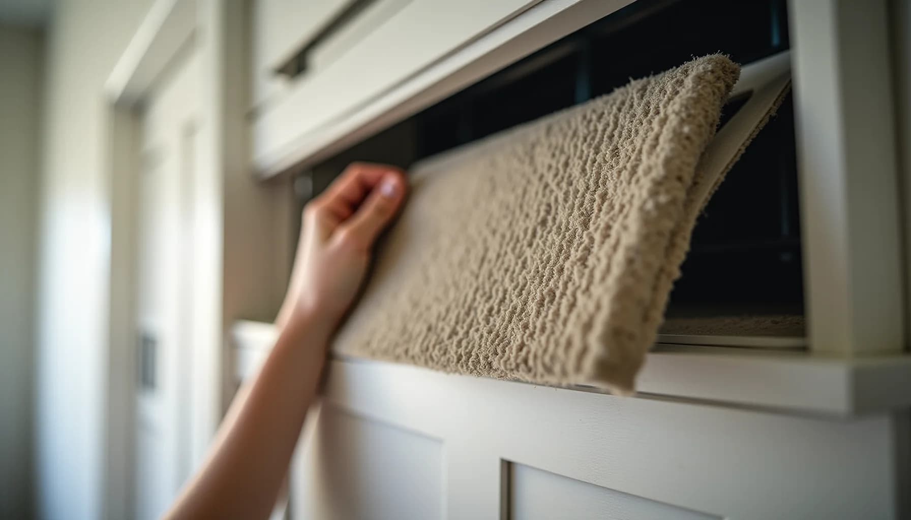 A person's arm reaching toward a beige textured AC filter mounted in a white window frame or vent housing