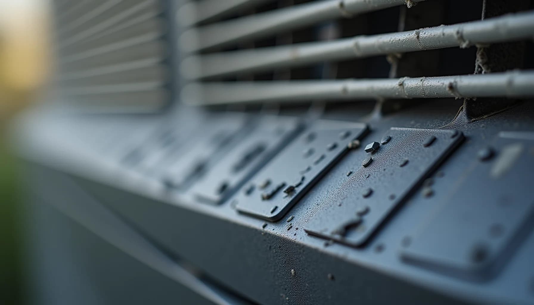 wet air conditioning unit exterior with metal horizontal vanes and perforated panels, water droplets visible on metal