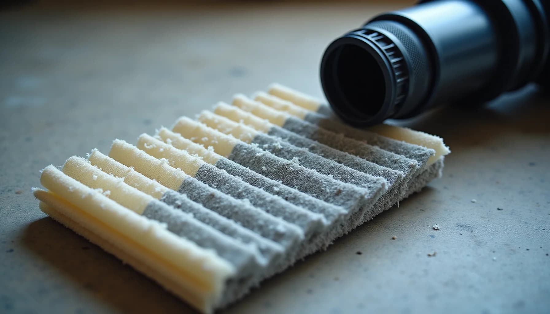 AC air filter samples in cream and gray tones next to a black brush applicator on a concrete surface
