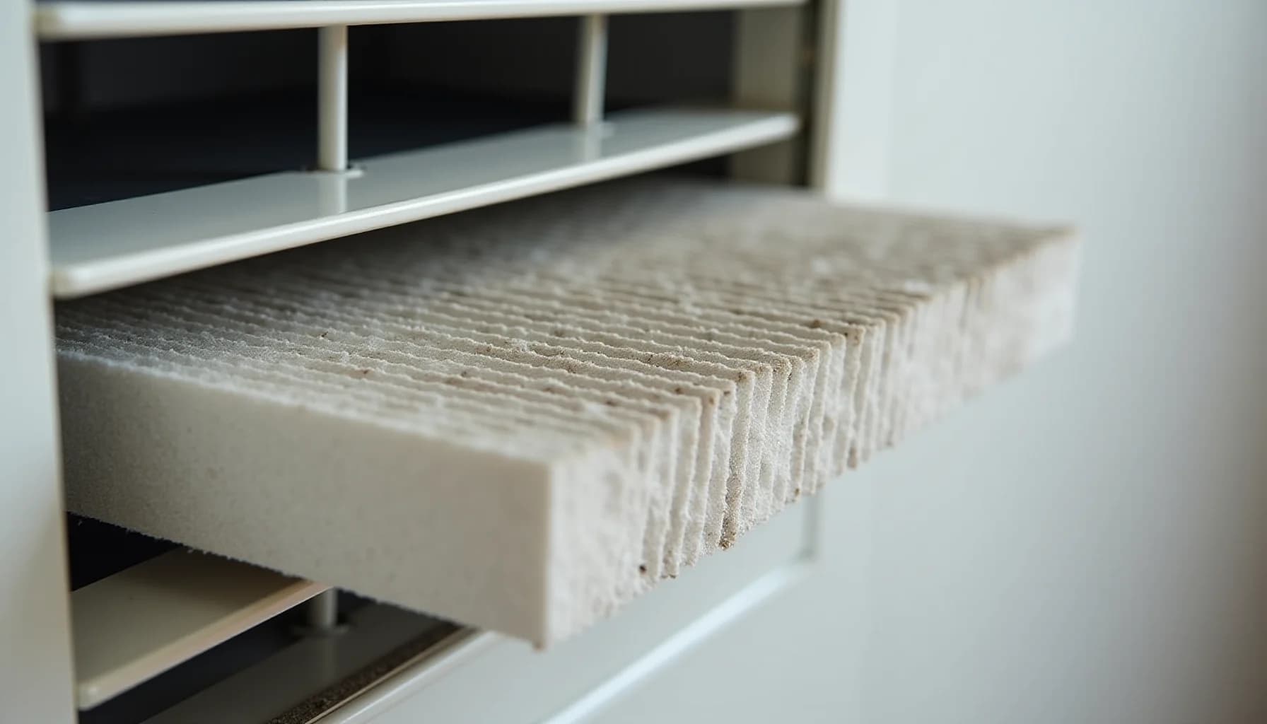 a beige accordion-style air filter with pleated folds mounted in a white metal shelf unit with compartments