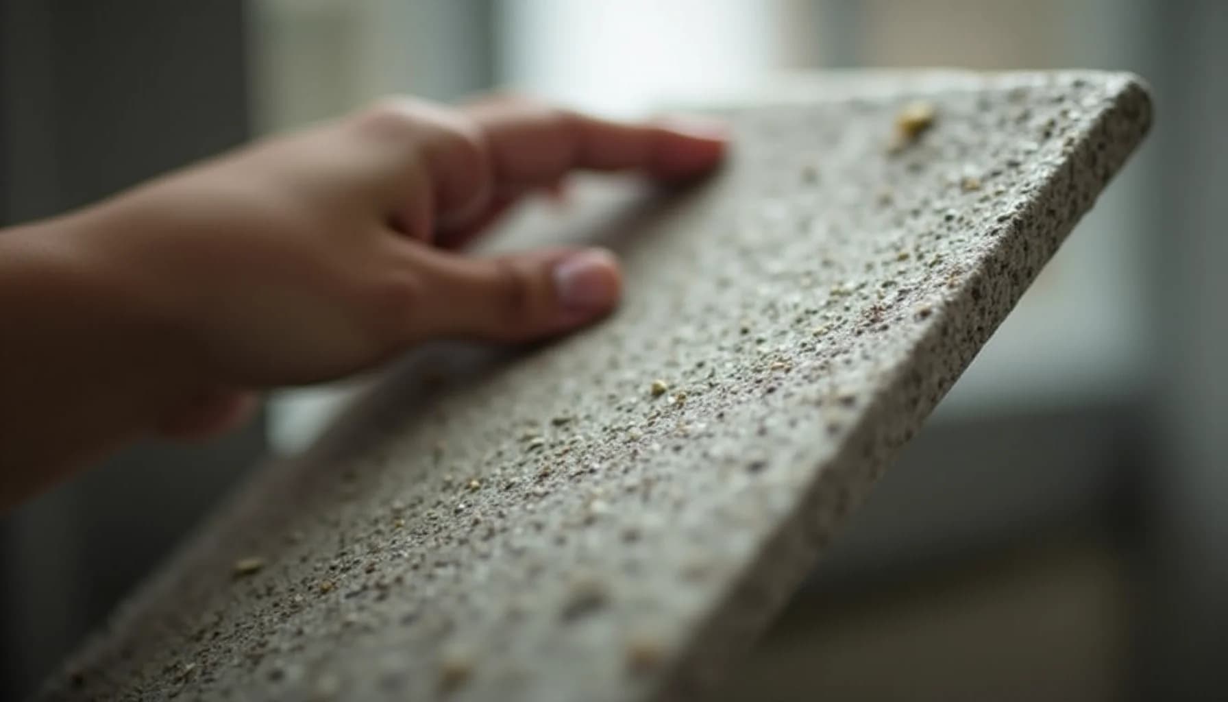A human hand touching the textured surface of a light-colored concrete or stone slab indoors