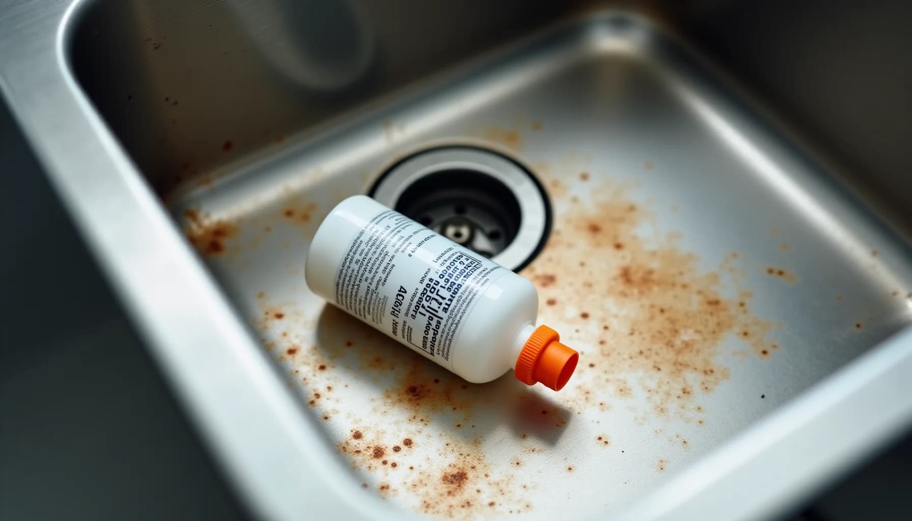 White plastic bottle with orange cap and printed label sitting in a white sink basin with rust-colored stains and a