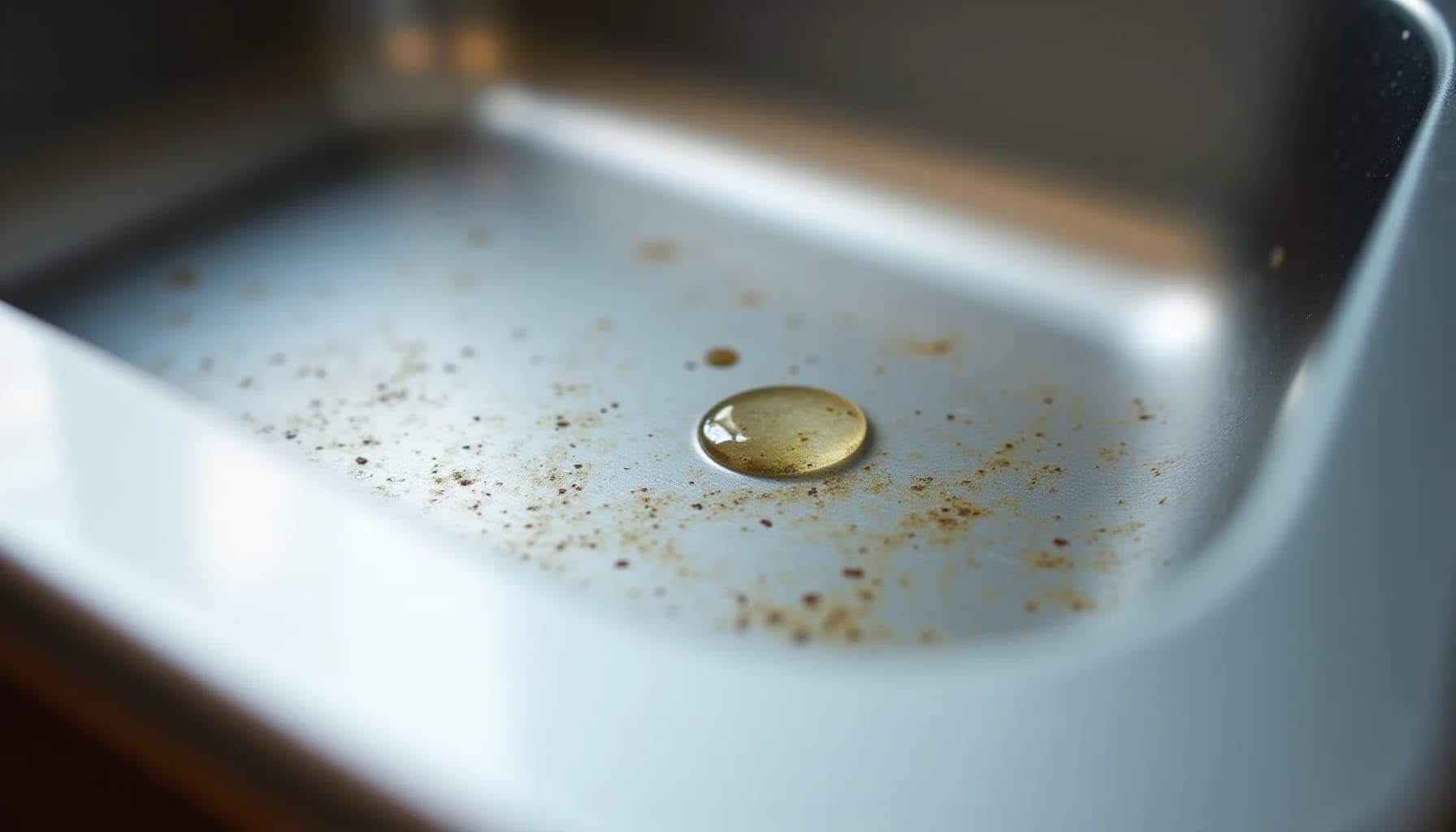 White ceramic dish with a golden liquid droplet and brown particulate matter scattered across the surface