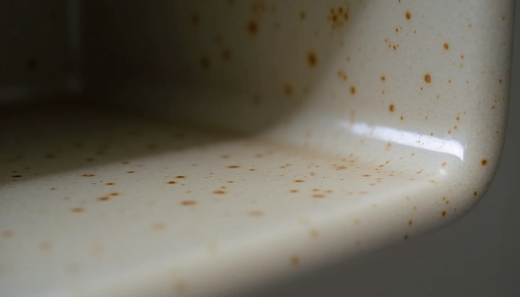 a cream-colored oven interior with scattered brown stains and discoloration, with light reflecting off the curved