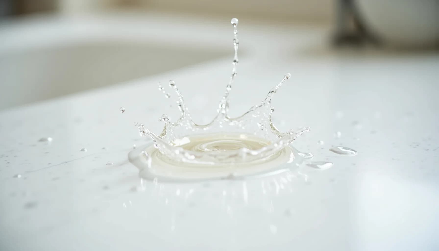 Clear liquid splashing upward with a crown-like formation on a white surface, droplets scattered around the impact site