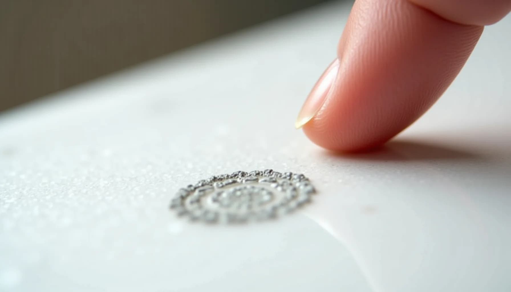 a finger with manicured nail touching white stone surface marked with an etched spiral pattern