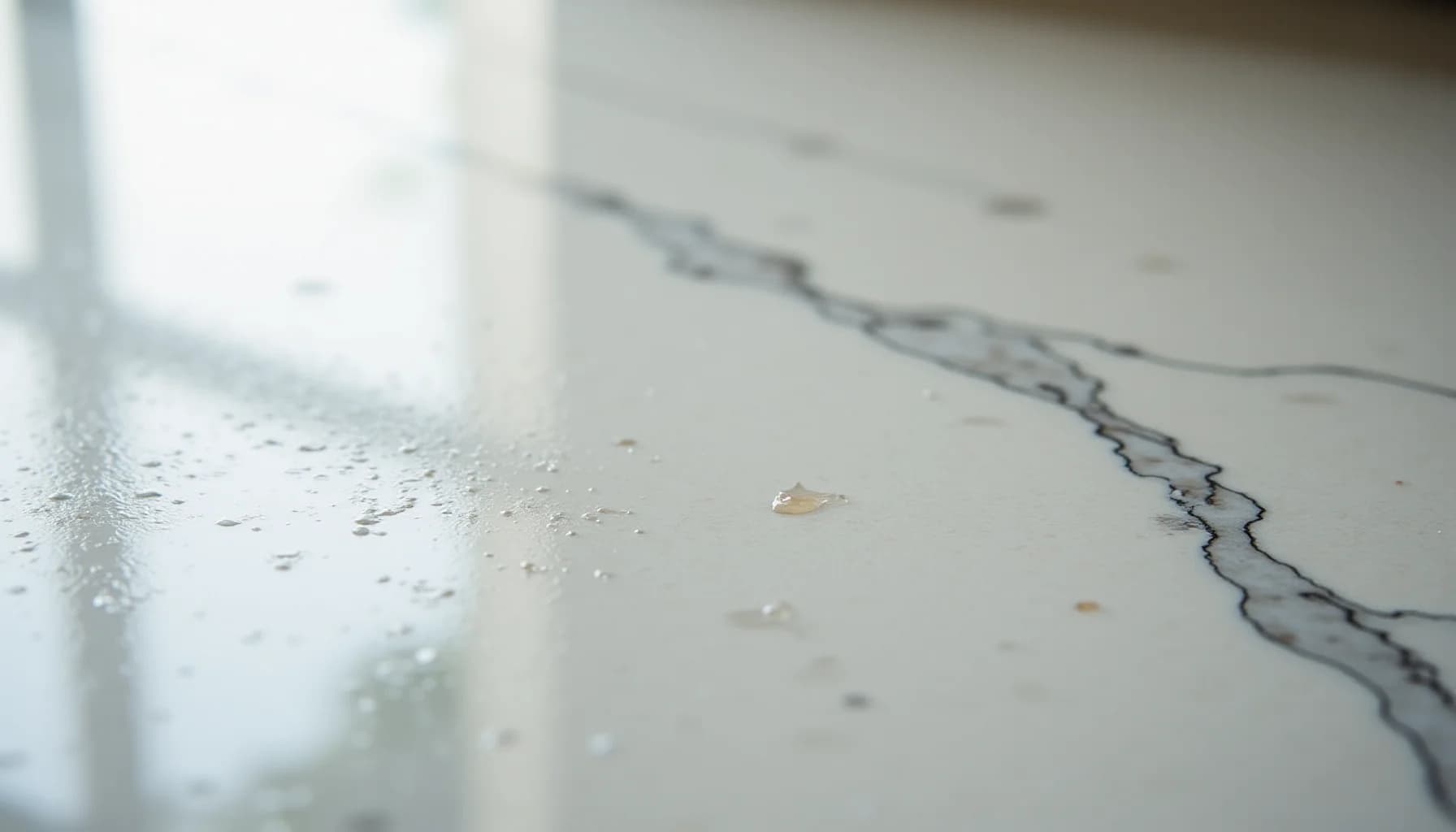 a light-colored stone surface with water droplets and a dark crack running across it