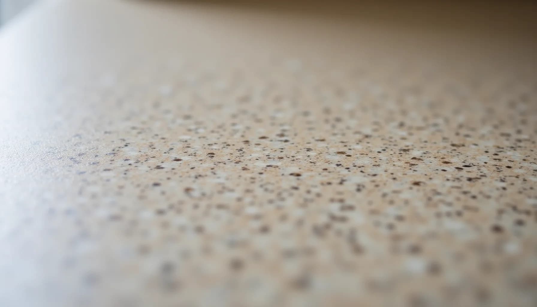 speckled stone surface with tan and dark flecks, angled perspective showing texture and depth