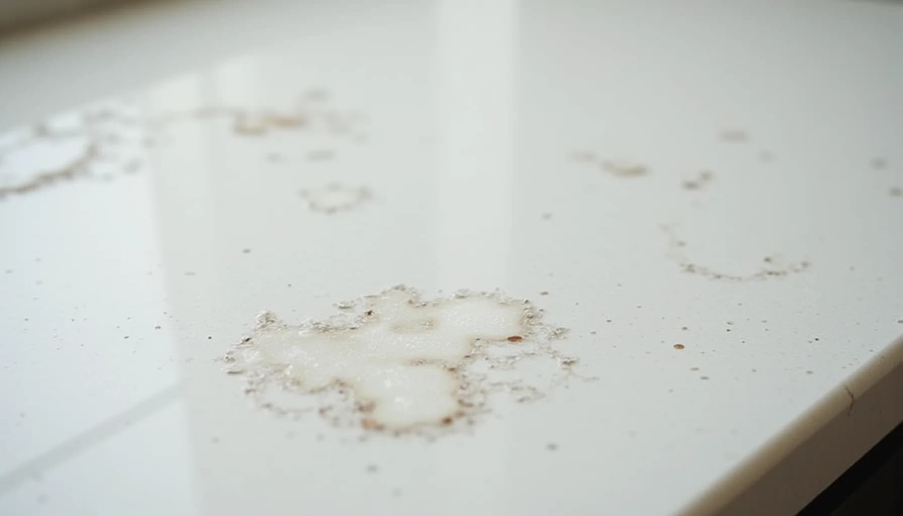 a white stone surface with visible erosion damage, scattered granules, and a pitted circular area showing deterioration