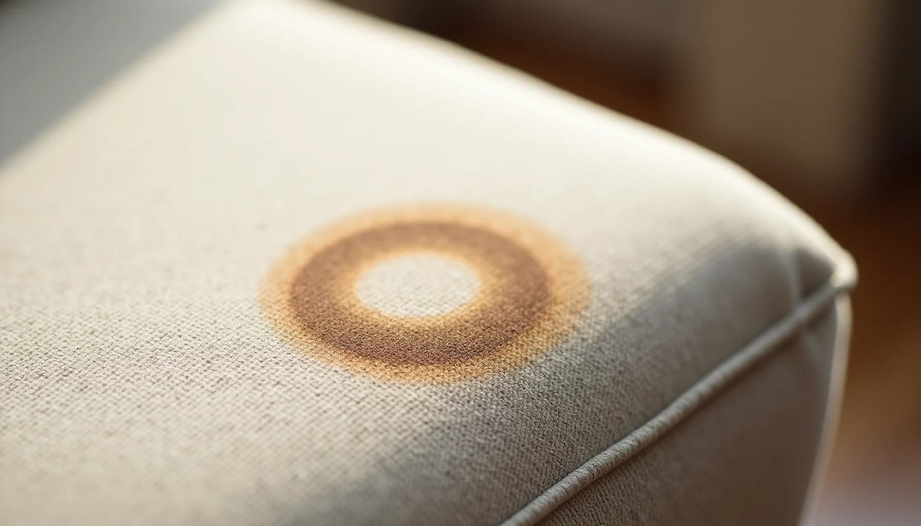 Brown circular water stain on beige upholstered fabric surface