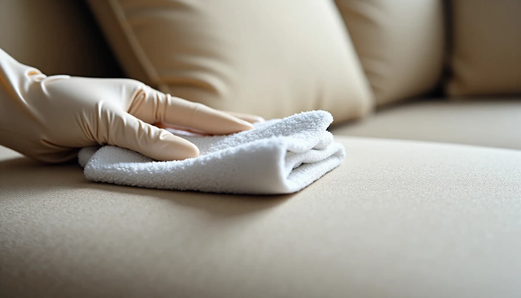 Person's hand in beige glove wiping light-colored upholstered surface with white cloth; cushioned furniture visible in