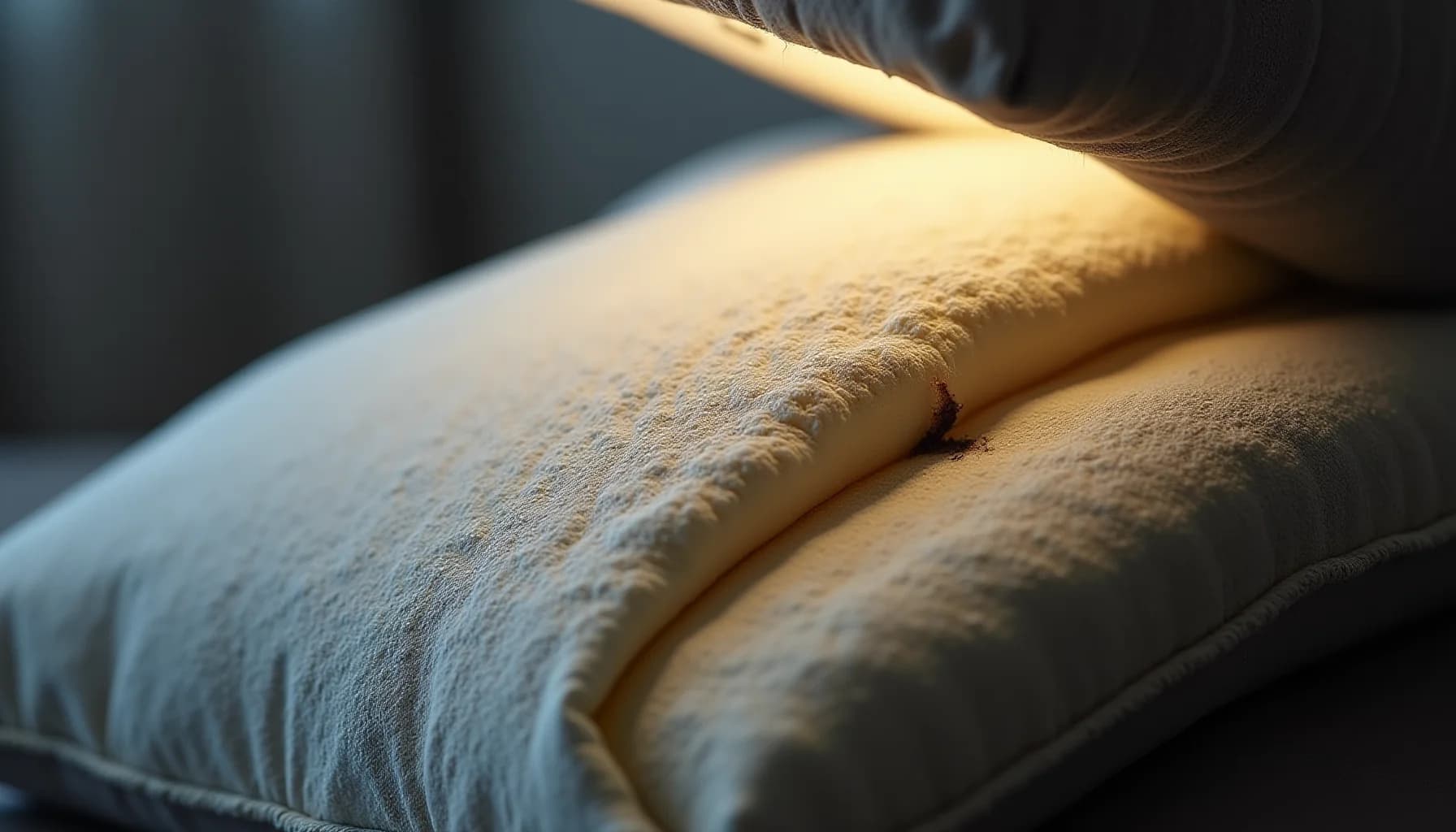 cream and tan upholstery fabric with visible water staining and texture damage, lit by warm sunlight