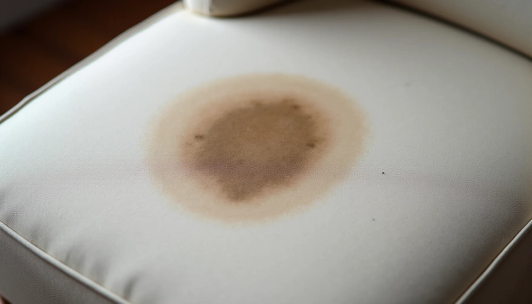 Brown water stain on white upholstered surface