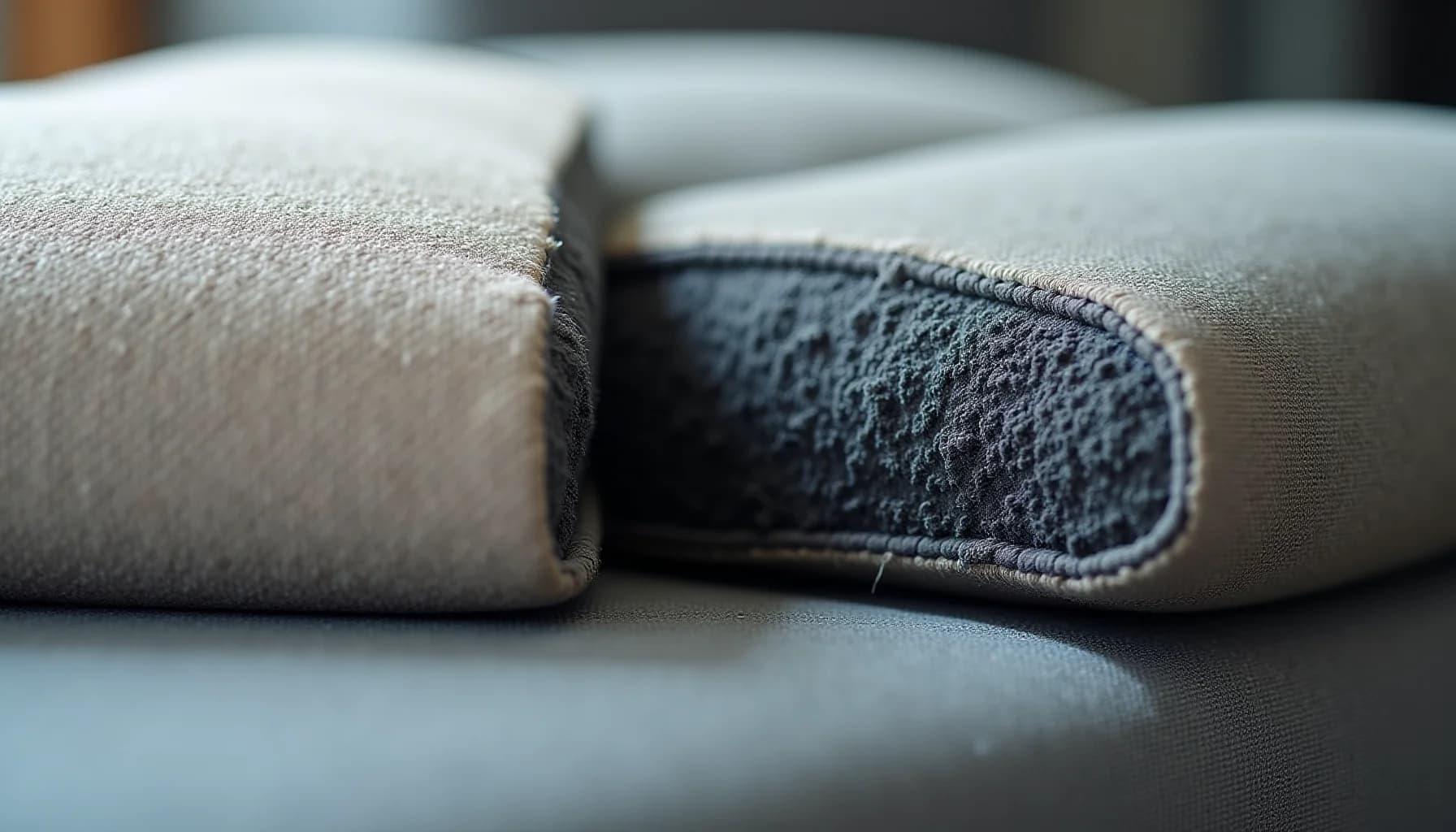 rolled upholstery fabric samples in light gray and dark blue, displaying texture and weave detail