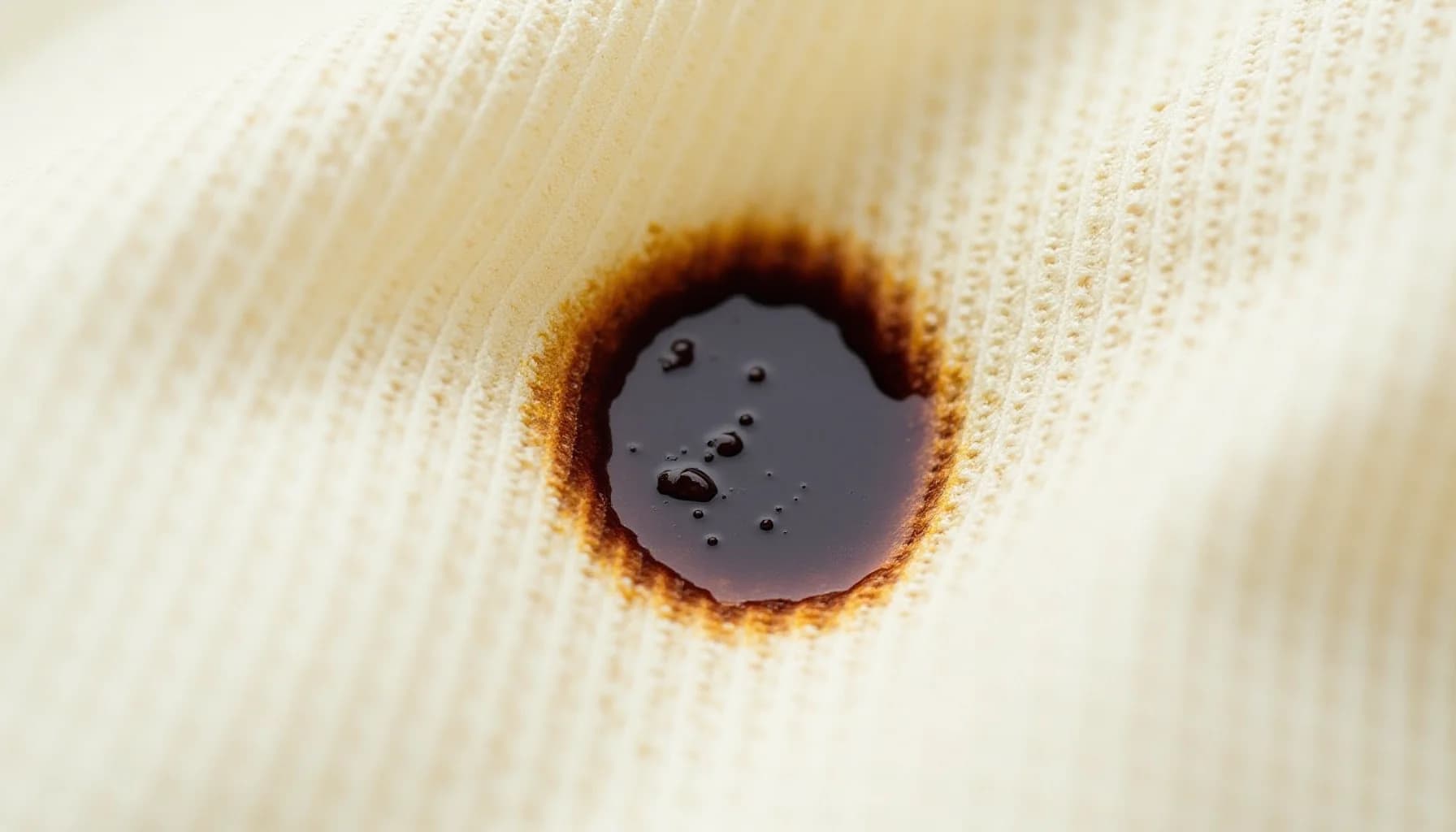 Water stain with dark liquid and rust-colored ring on cream-colored woven fabric