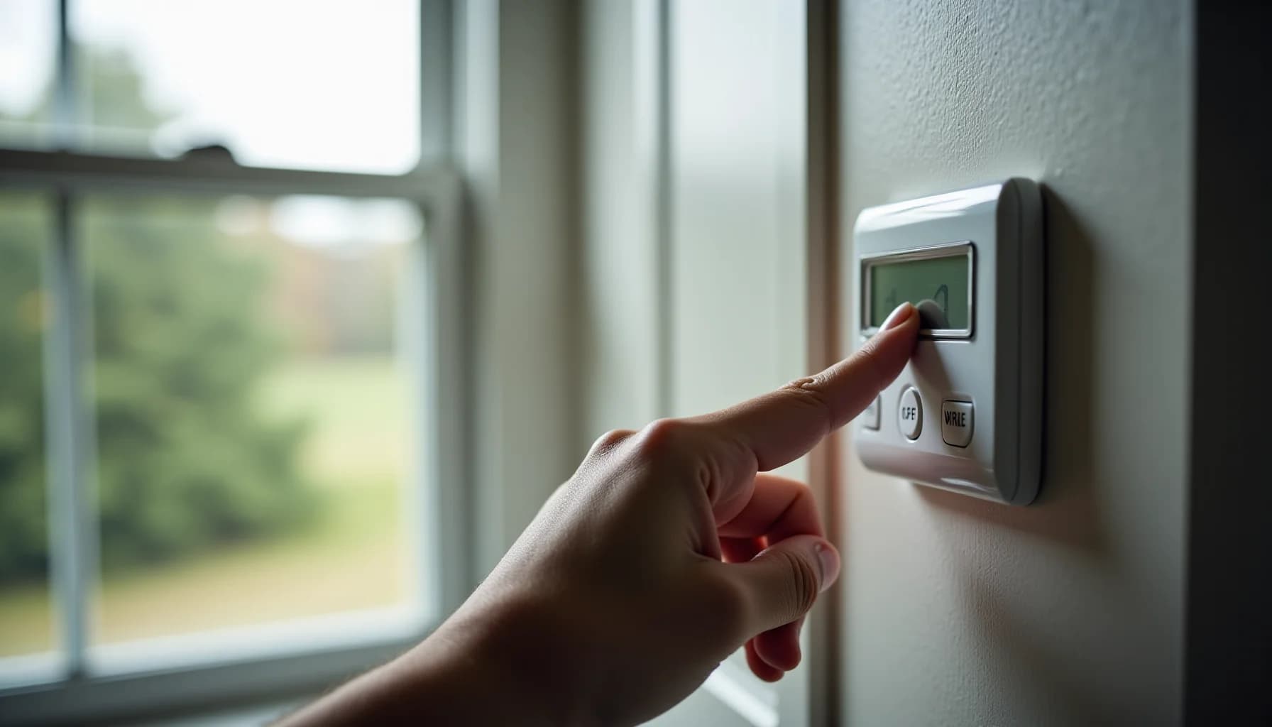 Hand pointing at a wall-mounted digital thermostat with LCD display and control buttons, with a window and green