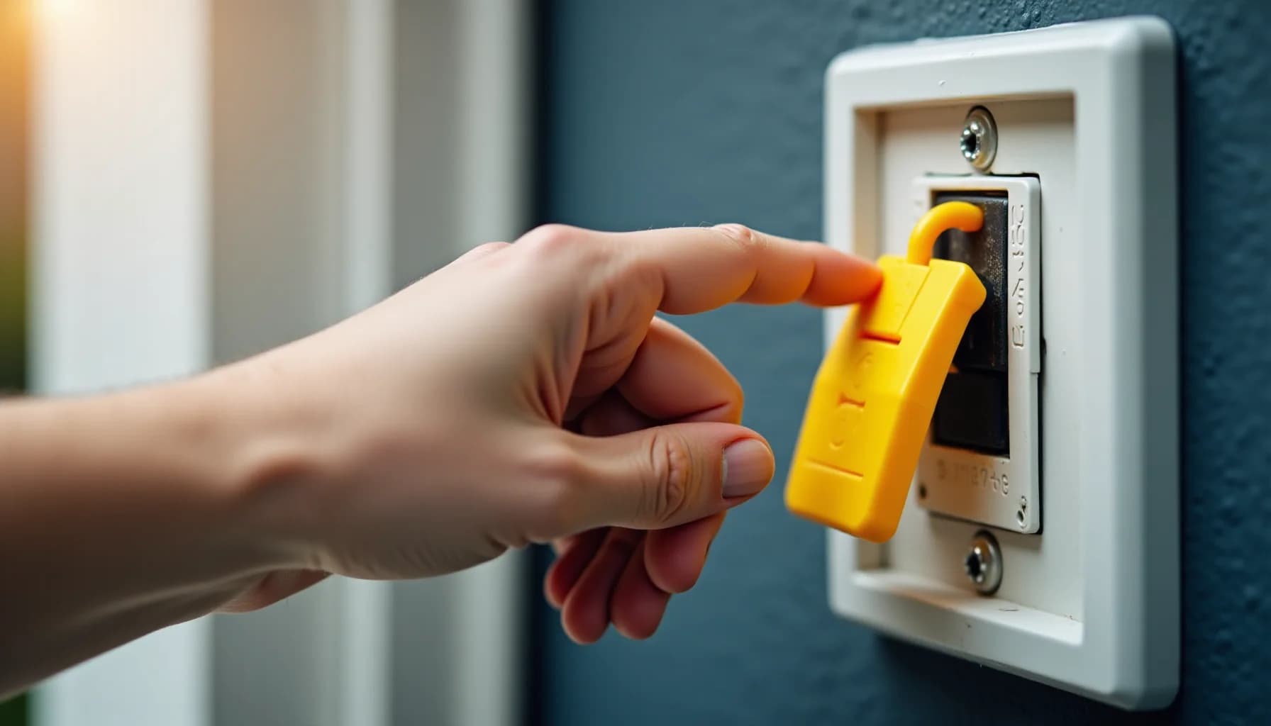Hand reaching toward a white wall-mounted electrical outlet with a yellow safety lock or cover attached to the switch