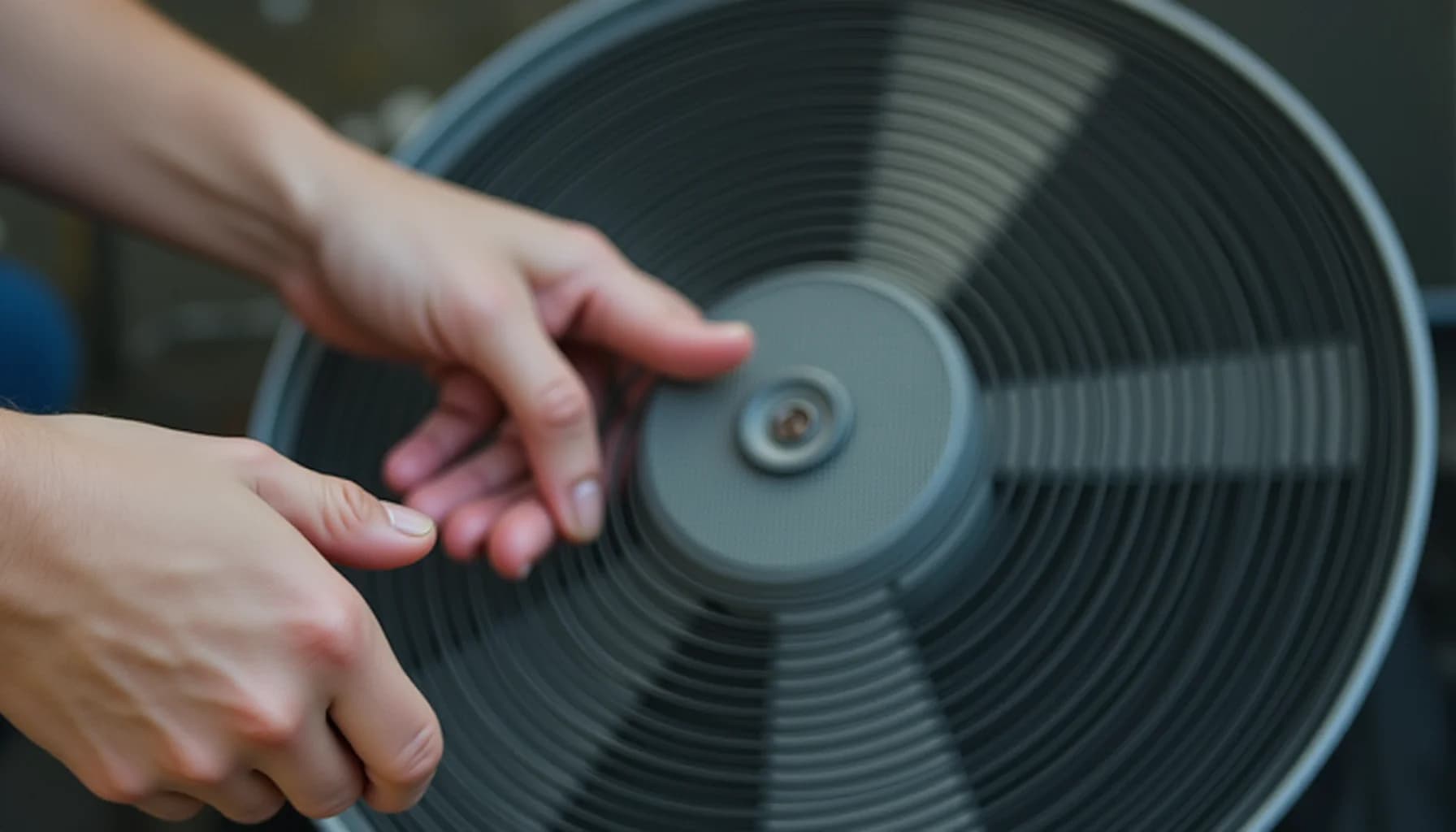 Two hands touching the circular metal fan housing of an air conditioning unit, showing the grooved interior fins and