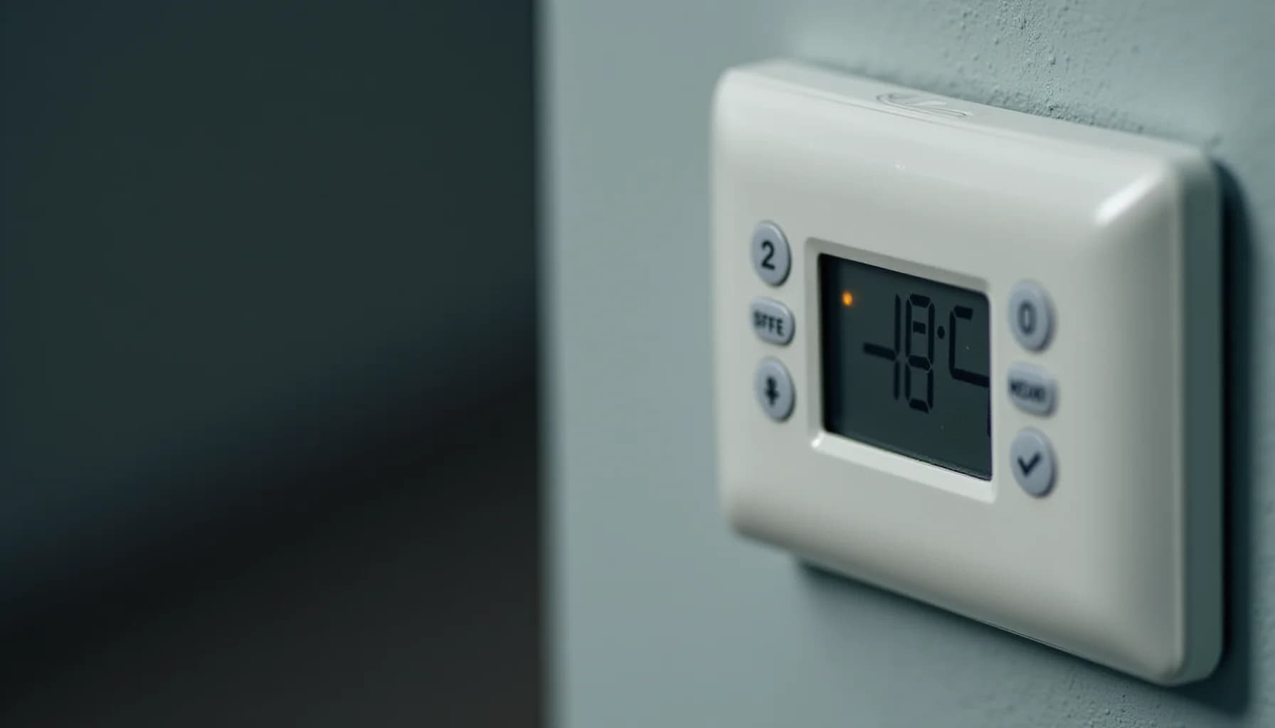White digital thermostat mounted on light gray wall, displaying temperature reading with numbered buttons and control