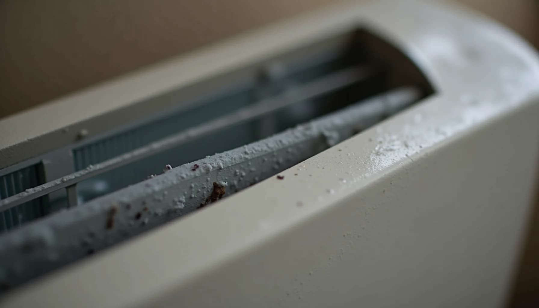 AC unit interior showing metal fins and slats with dust and debris buildup on gray surfaces