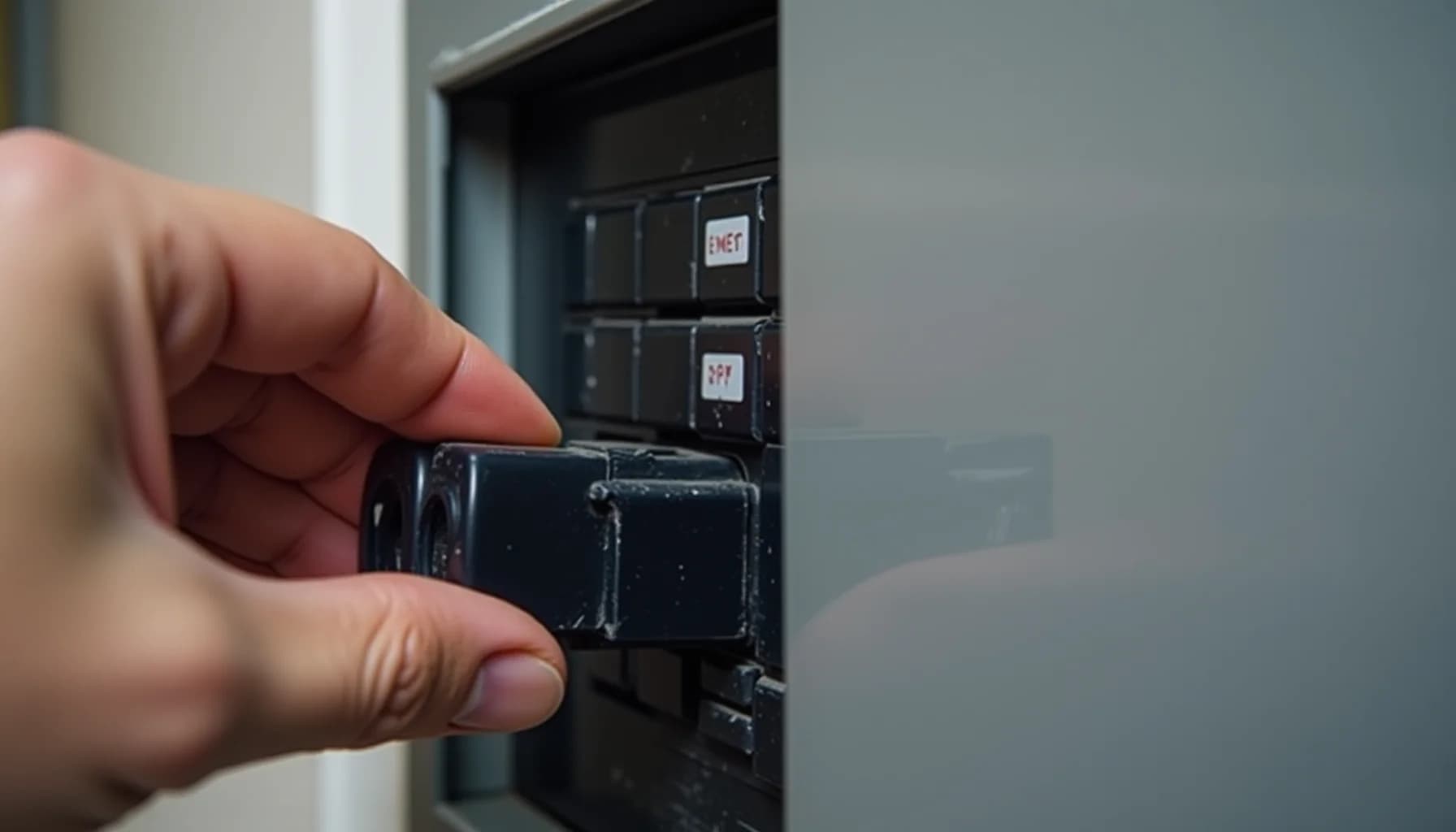 A hand reaching toward a black electrical circuit breaker panel with labeled switches on a white wall